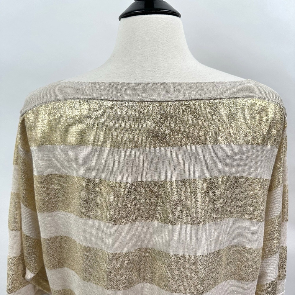 Chico's Linen Blend Gold Stripe Sweater Size 1 Medium Gold Oatmeal Boat Neck Top - Picture 8 of 11